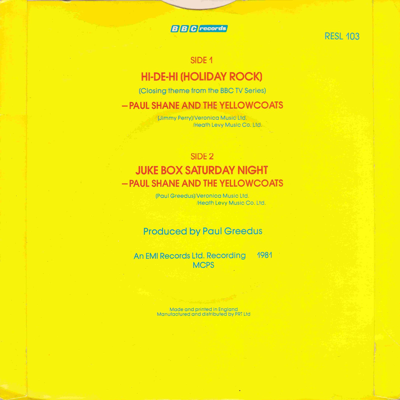 Picture of RESL 103 Holiday rock (Hi-de-hi) by artist Jimmy Perry / Paul Greedus / Paul Shane from the BBC records and Tapes library